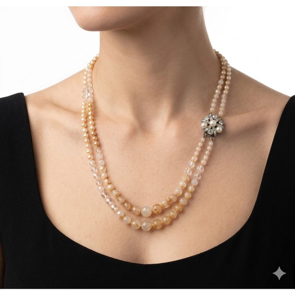 Vintage Double Strand Pearl & Art Glass Necklace | Ornate Floral Clasp - Picture 2 of 6